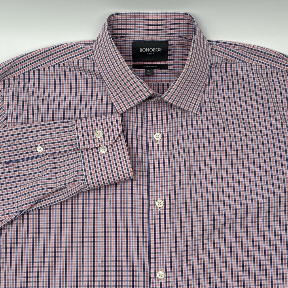 Bonobos Shirt Mens 17.5 35 Tailored Slim Pink Blue Plaid Stretch Dress